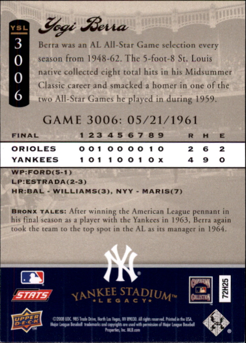 2008 Upper Deck Yankee Stadium Legacy Collection #3006 Yogi Berra back image