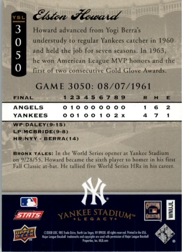 2008 Upper Deck Yankee Stadium Legacy Collection #3050 Elston Howard back image