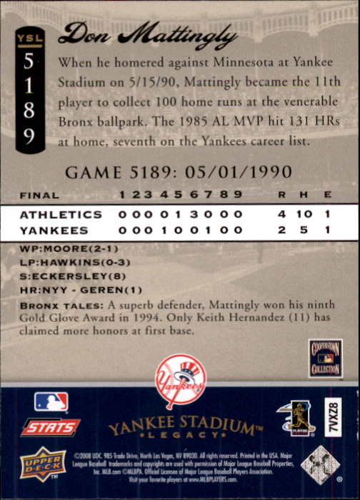 2008 Upper Deck Yankee Stadium Legacy Collection #5189 Don Mattingly back image