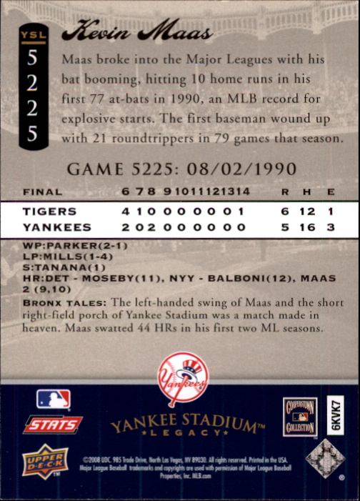 2008 Upper Deck Yankee Stadium Legacy Collection #5225 Kevin Maas back image