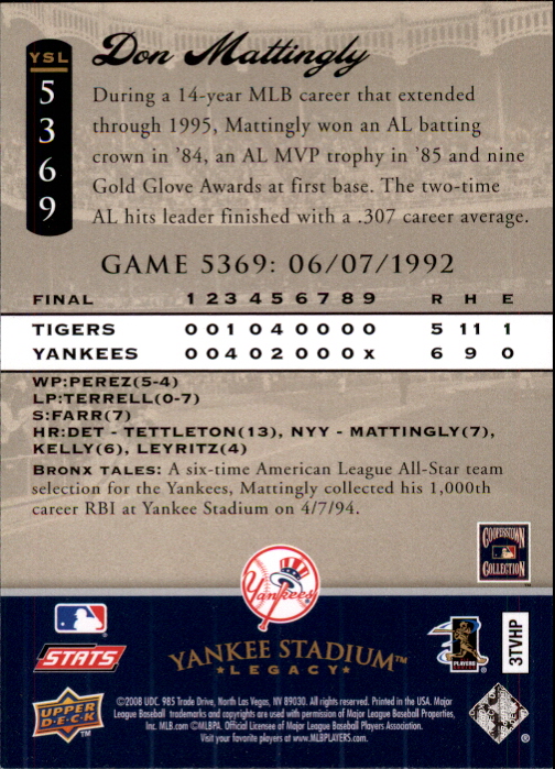 2008 Upper Deck Yankee Stadium Legacy Collection #5369 Don Mattingly back image