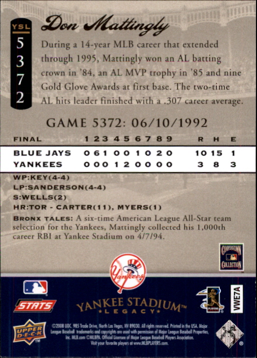 2008 Upper Deck Yankee Stadium Legacy Collection #5372 Don Mattingly back image