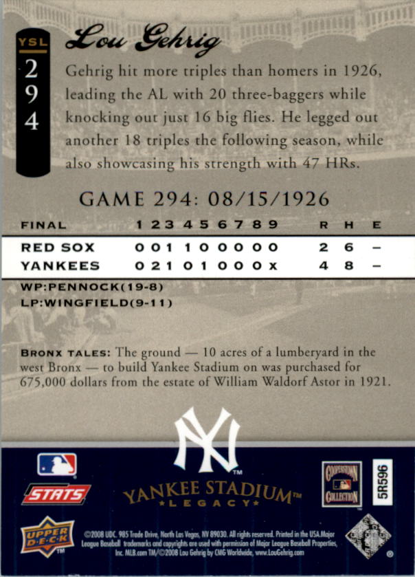 2008 Upper Deck Yankee Stadium Legacy Collection #294 Lou Gehrig back image