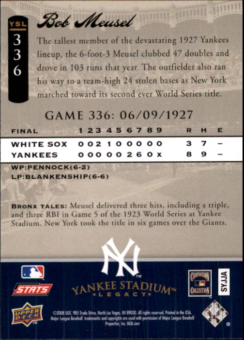 2008 Upper Deck Yankee Stadium Legacy Collection #336 Bob Meusel back image