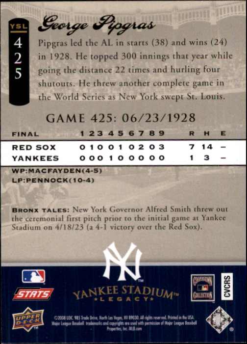 2008 Upper Deck Yankee Stadium Legacy Collection #425 George Pipgras back image