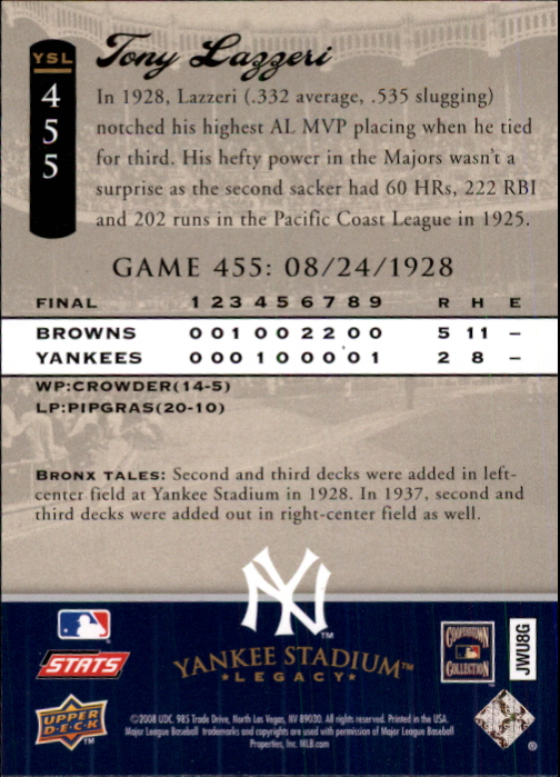 2008 Upper Deck Yankee Stadium Legacy Collection #455 Tony Lazzeri back image