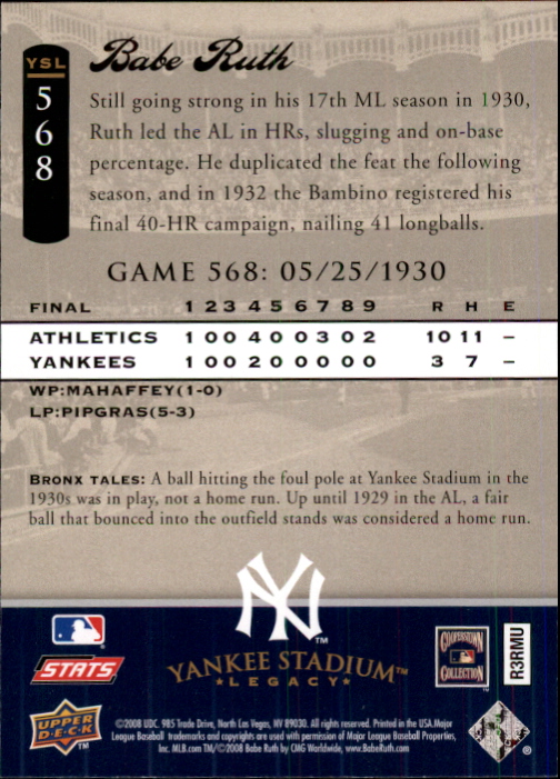 2008 Upper Deck Yankee Stadium Legacy Collection #568 Babe Ruth back image