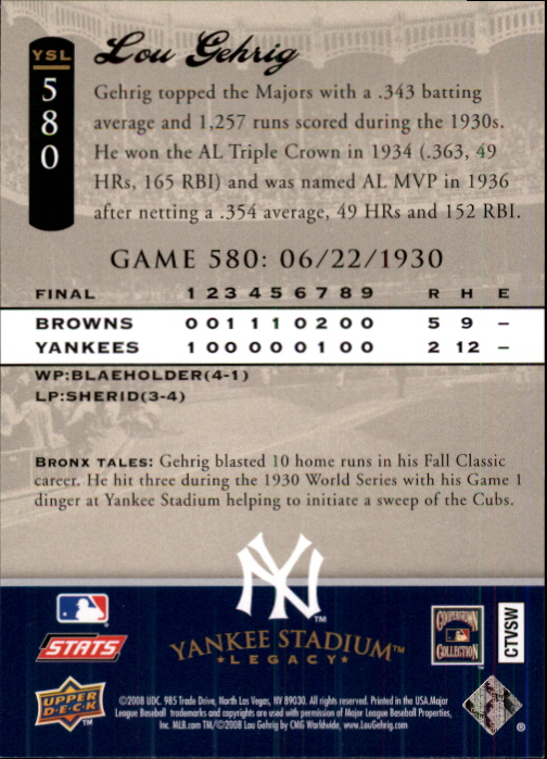 2008 Upper Deck Yankee Stadium Legacy Collection #580 Lou Gehrig back image
