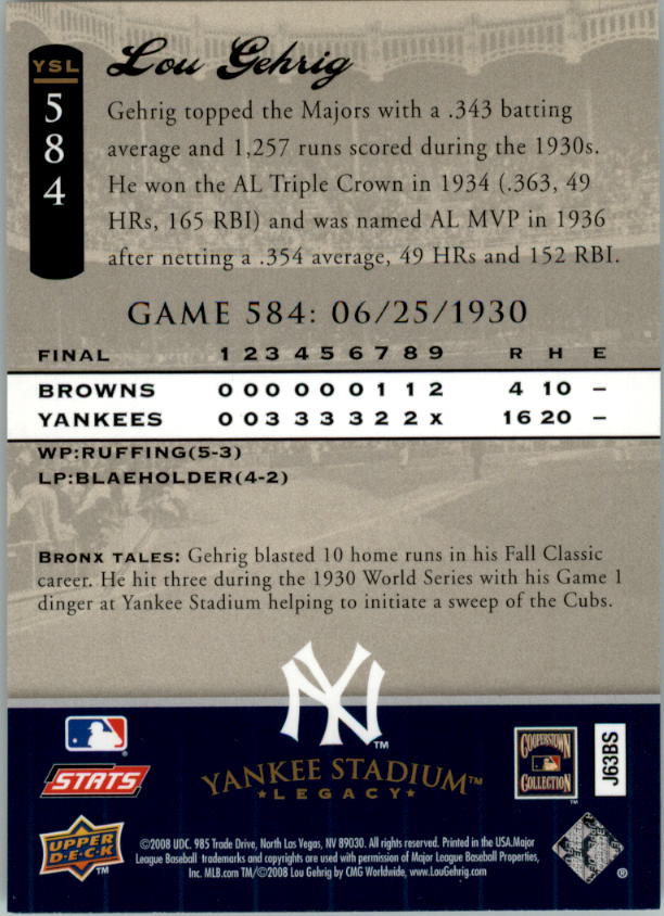 2008 Upper Deck Yankee Stadium Legacy Collection #584 Lou Gehrig back image