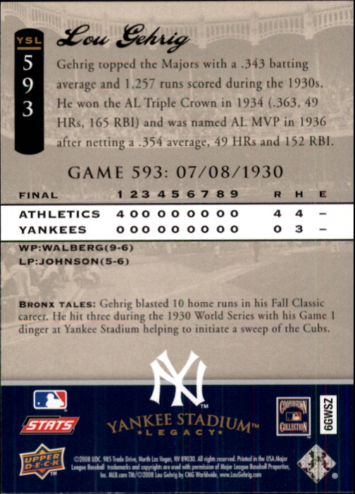 2008 Upper Deck Yankee Stadium Legacy Collection #593 Lou Gehrig back image