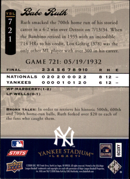 2008 Upper Deck Yankee Stadium Legacy Collection #721 Babe Ruth back image