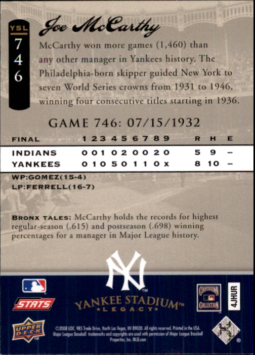 2008 Upper Deck Yankee Stadium Legacy Collection #746 Joe McCarthy back image