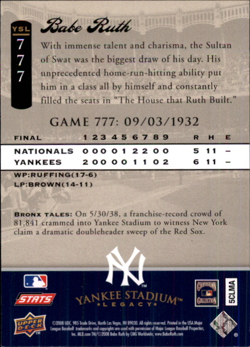 2008 Upper Deck Yankee Stadium Legacy Collection #777 Babe Ruth back image