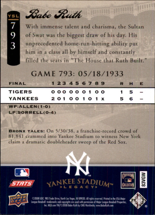 2008 Upper Deck Yankee Stadium Legacy Collection #793 Babe Ruth back image