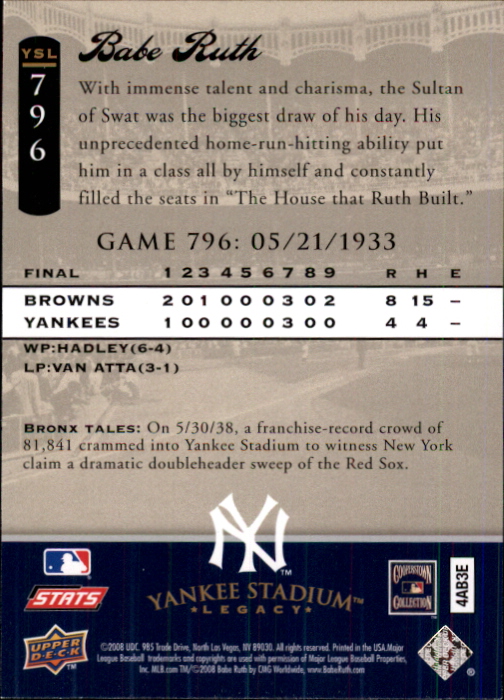2008 Upper Deck Yankee Stadium Legacy Collection #796 Babe Ruth back image