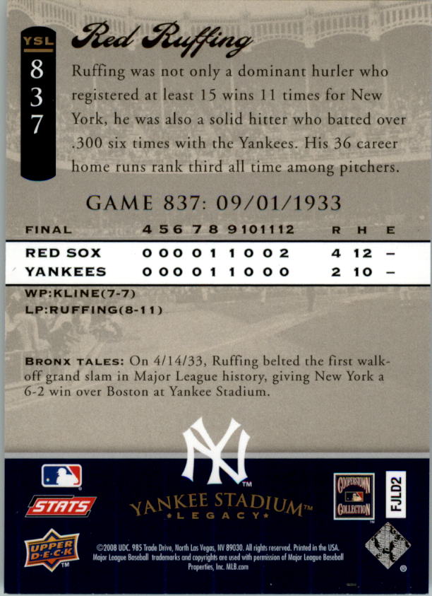 2008 Upper Deck Yankee Stadium Legacy Collection #837 Red Ruffing back image