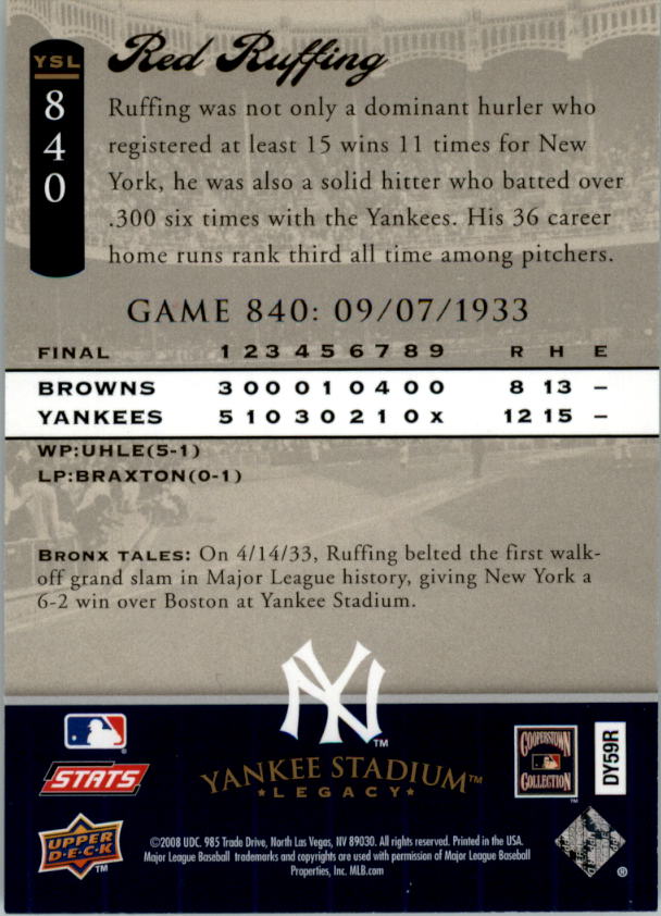 2008 Upper Deck Yankee Stadium Legacy Collection #840 Red Ruffing back image