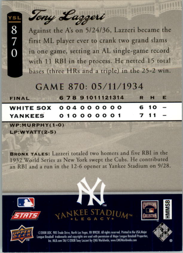 2008 Upper Deck Yankee Stadium Legacy Collection #870 Tony Lazzeri back image