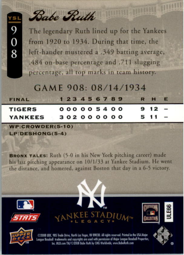 2008 Upper Deck Yankee Stadium Legacy Collection #908 Babe Ruth back image