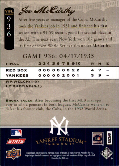 2008 Upper Deck Yankee Stadium Legacy Collection #936 Joe McCarthy back image