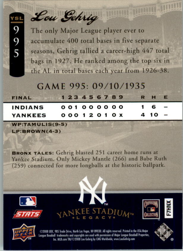 2008 Upper Deck Yankee Stadium Legacy Collection #995 Lou Gehrig back image