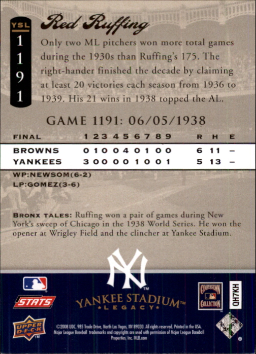 2008 Upper Deck Yankee Stadium Legacy Collection #1191 Red Ruffing back image
