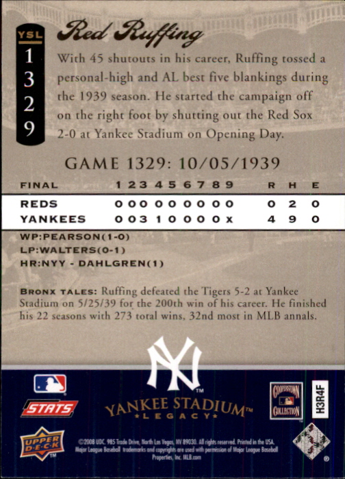 2008 Upper Deck Yankee Stadium Legacy Collection #1329 Red Ruffing back image