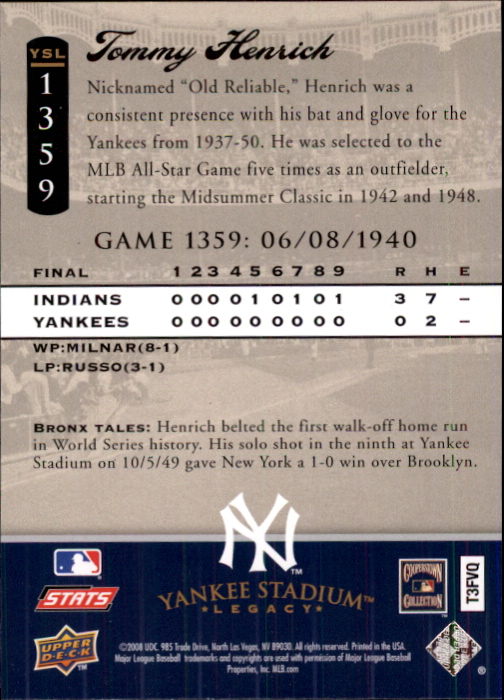 2008 Upper Deck Yankee Stadium Legacy Collection #1359 Tommy Henrich back image