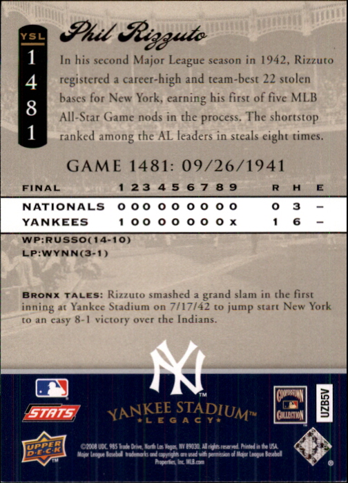 2008 Upper Deck Yankee Stadium Legacy Collection #1481 Phil Rizzuto back image