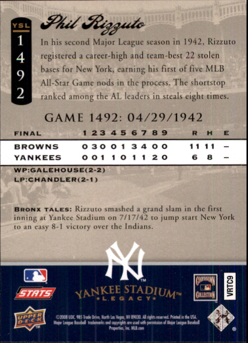 2008 Upper Deck Yankee Stadium Legacy Collection #1492 Phil Rizzuto back image