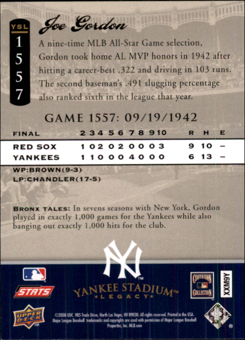 2008 Upper Deck Yankee Stadium Legacy Collection #1557 Joe Gordon back image