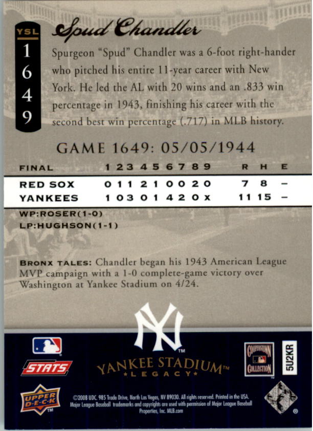 2008 Upper Deck Yankee Stadium Legacy Collection #1649 Spud Chandler back image