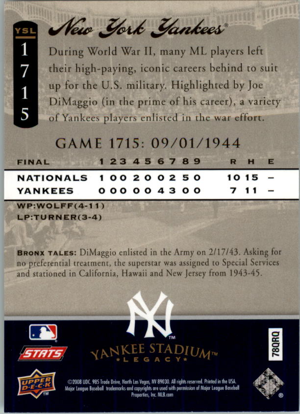 2008 Upper Deck Yankee Stadium Legacy Collection #1715 New York Yankees back image