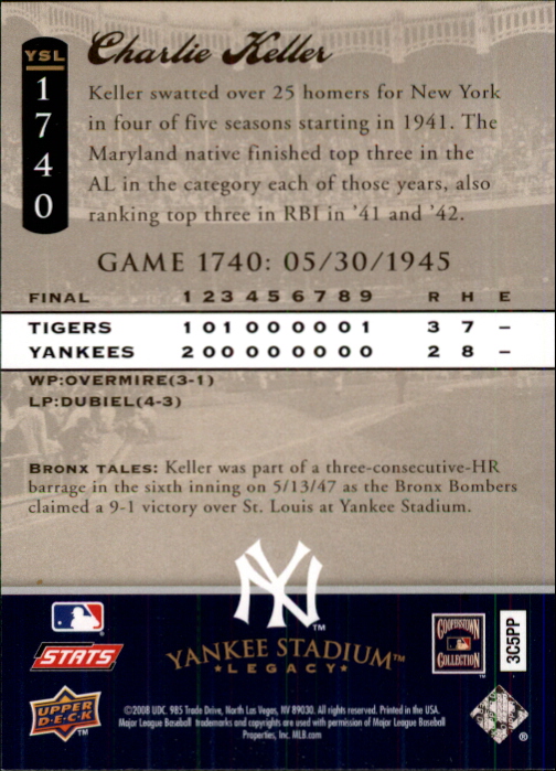 2008 Upper Deck Yankee Stadium Legacy Collection #1740 Charlie Keller back image