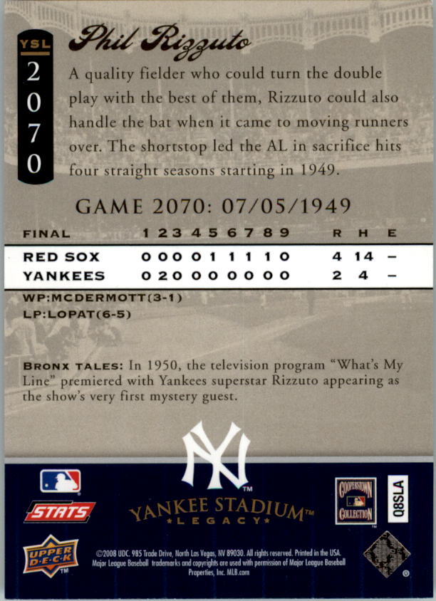 2008 Upper Deck Yankee Stadium Legacy Collection #2070 Phil Rizzuto back image