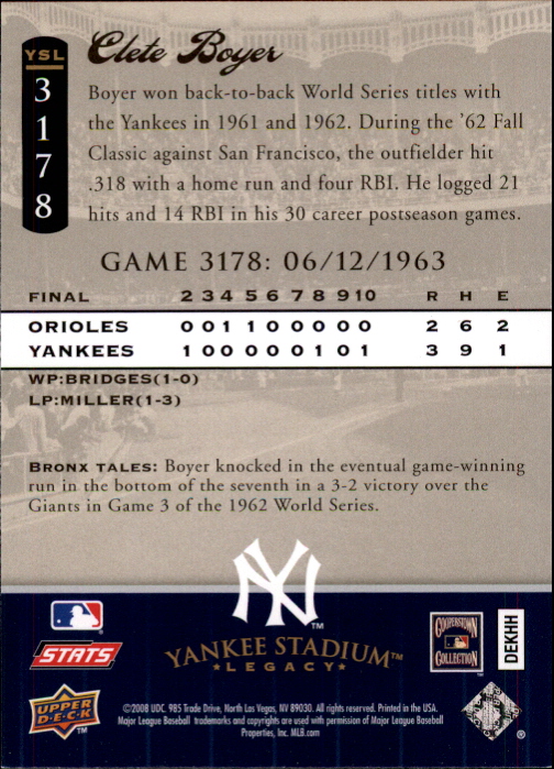 2008 Upper Deck Yankee Stadium Legacy Collection #3178 Clete Boyer back image