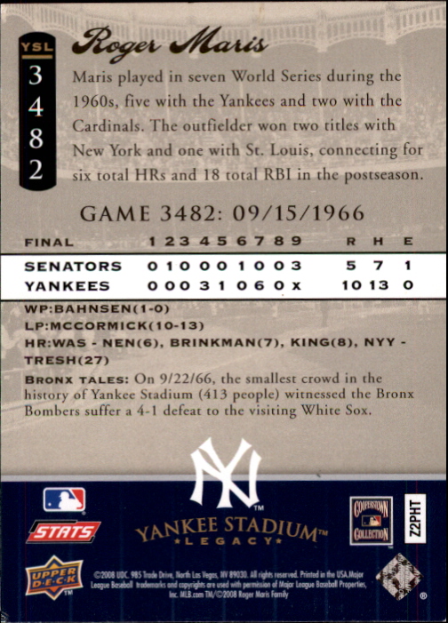 2008 Upper Deck Yankee Stadium Legacy Collection #3482 Roger Maris back image