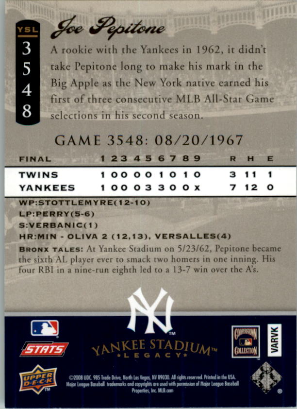 2008 Upper Deck Yankee Stadium Legacy Collection #3548 Joe Pepitone back image
