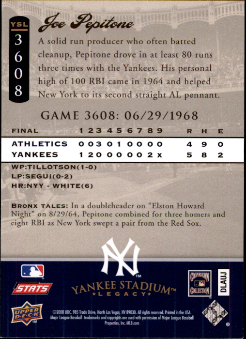 2008 Upper Deck Yankee Stadium Legacy Collection #3608 Joe Pepitone back image