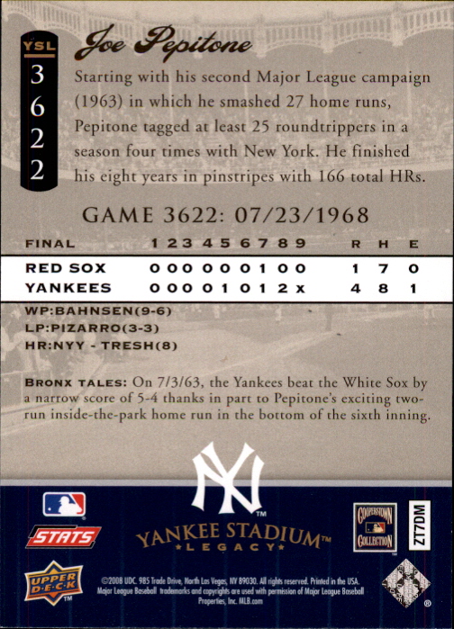 2008 Upper Deck Yankee Stadium Legacy Collection #3622 Joe Pepitone back image