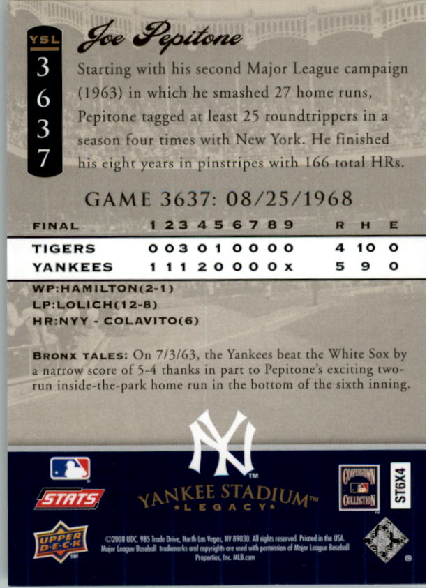 2008 Upper Deck Yankee Stadium Legacy Collection #3637 Joe Pepitone back image