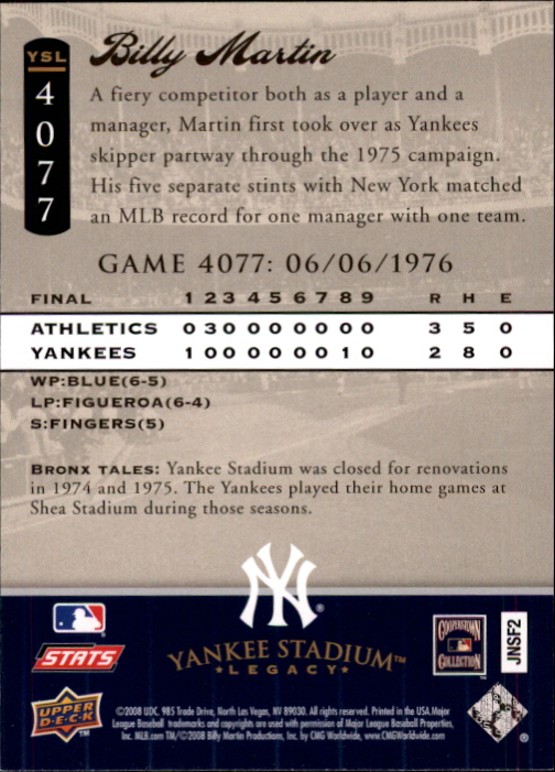 2008 Upper Deck Yankee Stadium Legacy Collection #4077 Billy Martin back image