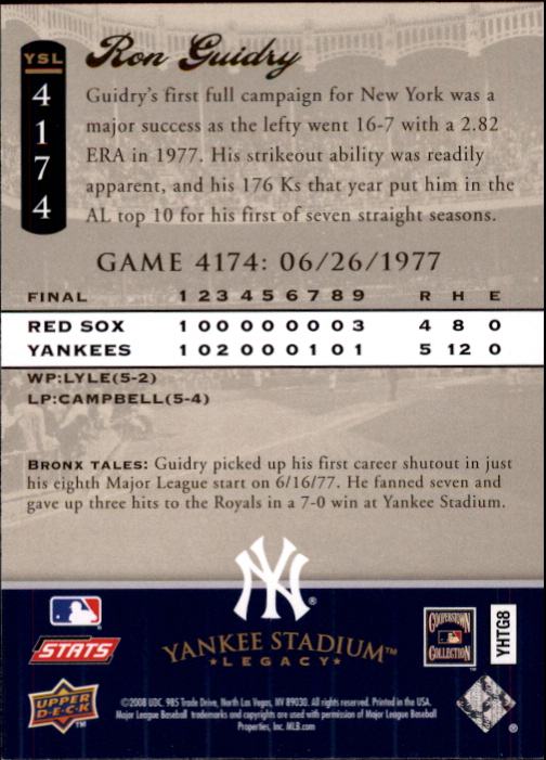 2008 Upper Deck Yankee Stadium Legacy Collection #4174 Ron Guidry back image