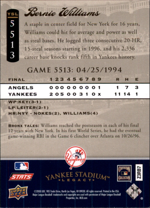 2008 Upper Deck Yankee Stadium Legacy Collection #5513 Bernie Williams back image