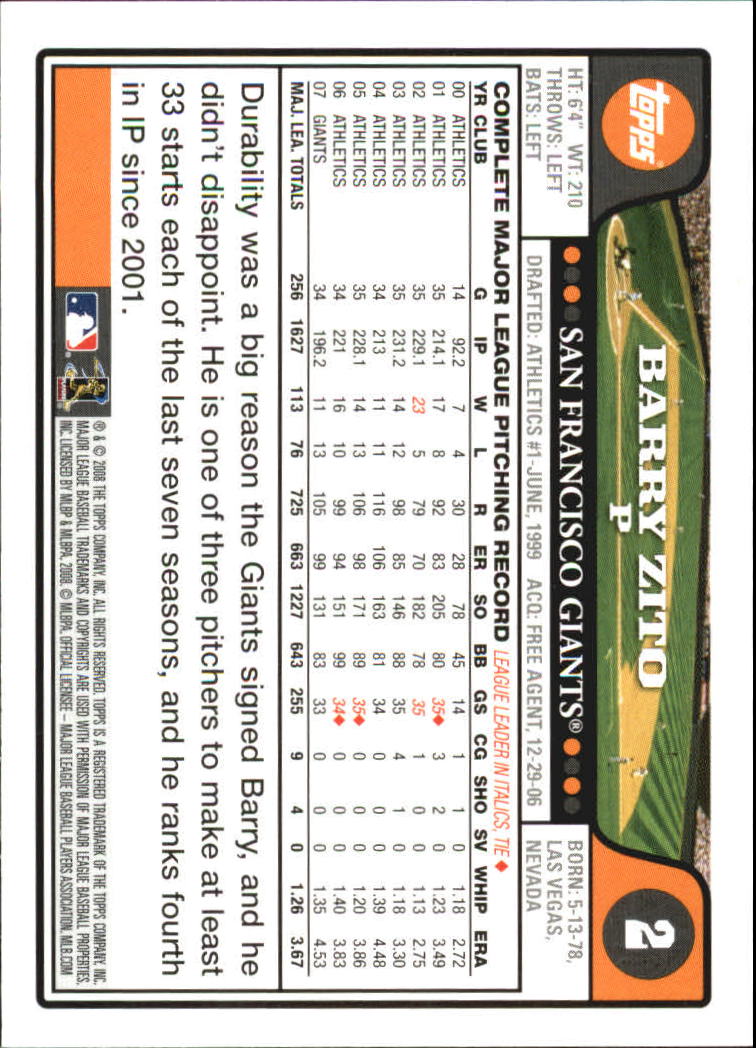 2008 Topps #2 Barry Zito back image