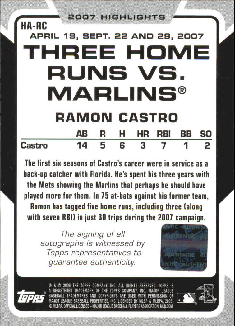 2008 Topps Highlights Autographs #RC Ramon Castro D back image