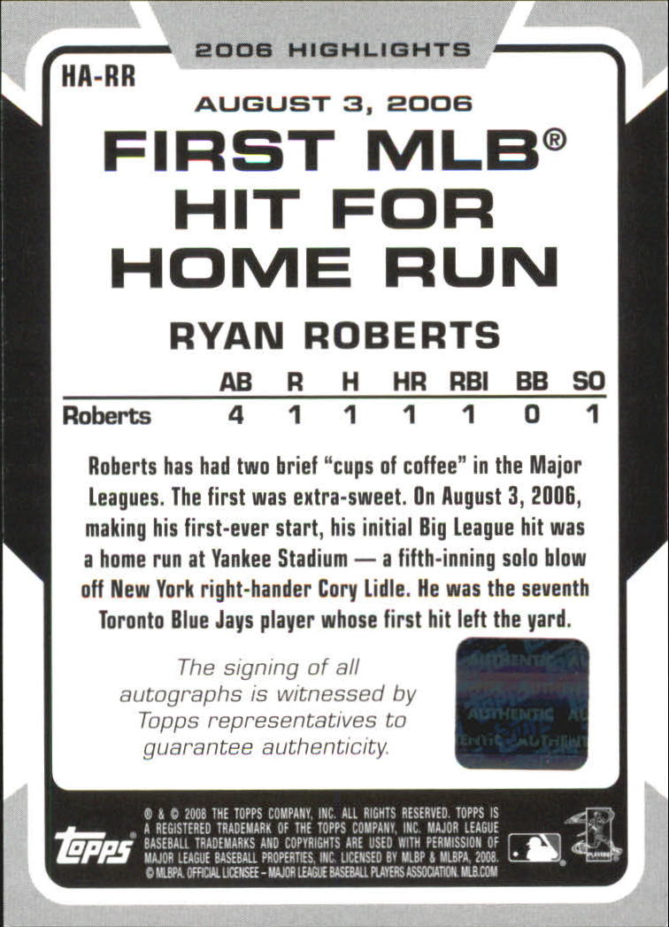 2008 Topps Highlights Autographs #RR Ryan Roberts E2 back image