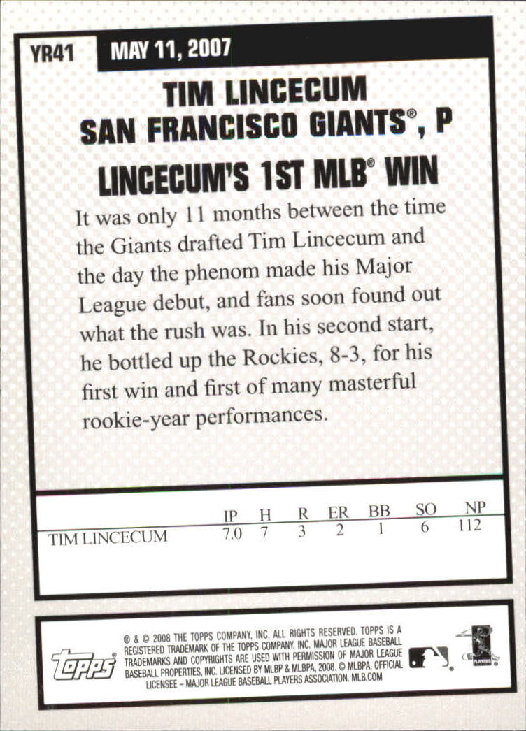 2008 Topps Year in Review #YR41 Tim Lincecum back image