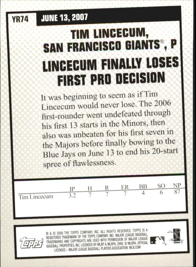 2008 Topps Year in Review #YR74 Tim Lincecum back image