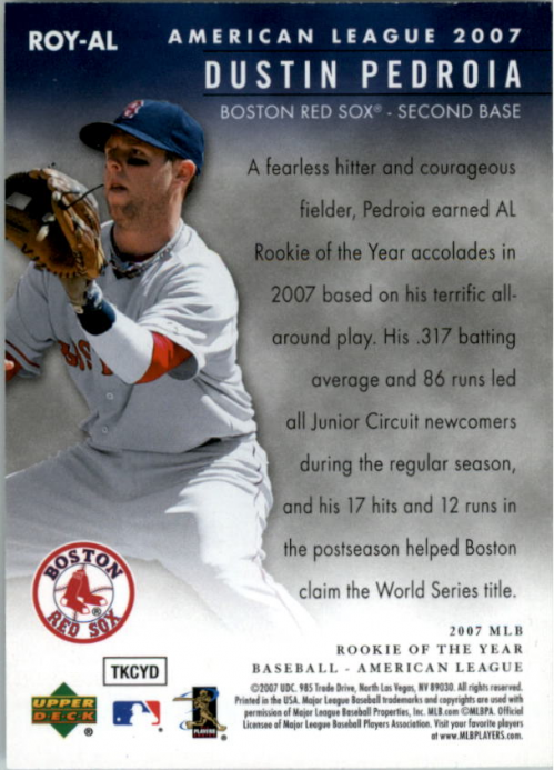 2007 Upper Deck MLB Rookie Card of the Month #ROMAL Dustin Pedroia back image